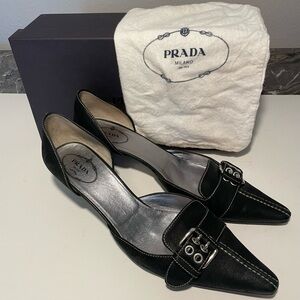 Prada Black Calzature Donna Capra Antic Buckle Nero D'orsay Kitten Heels